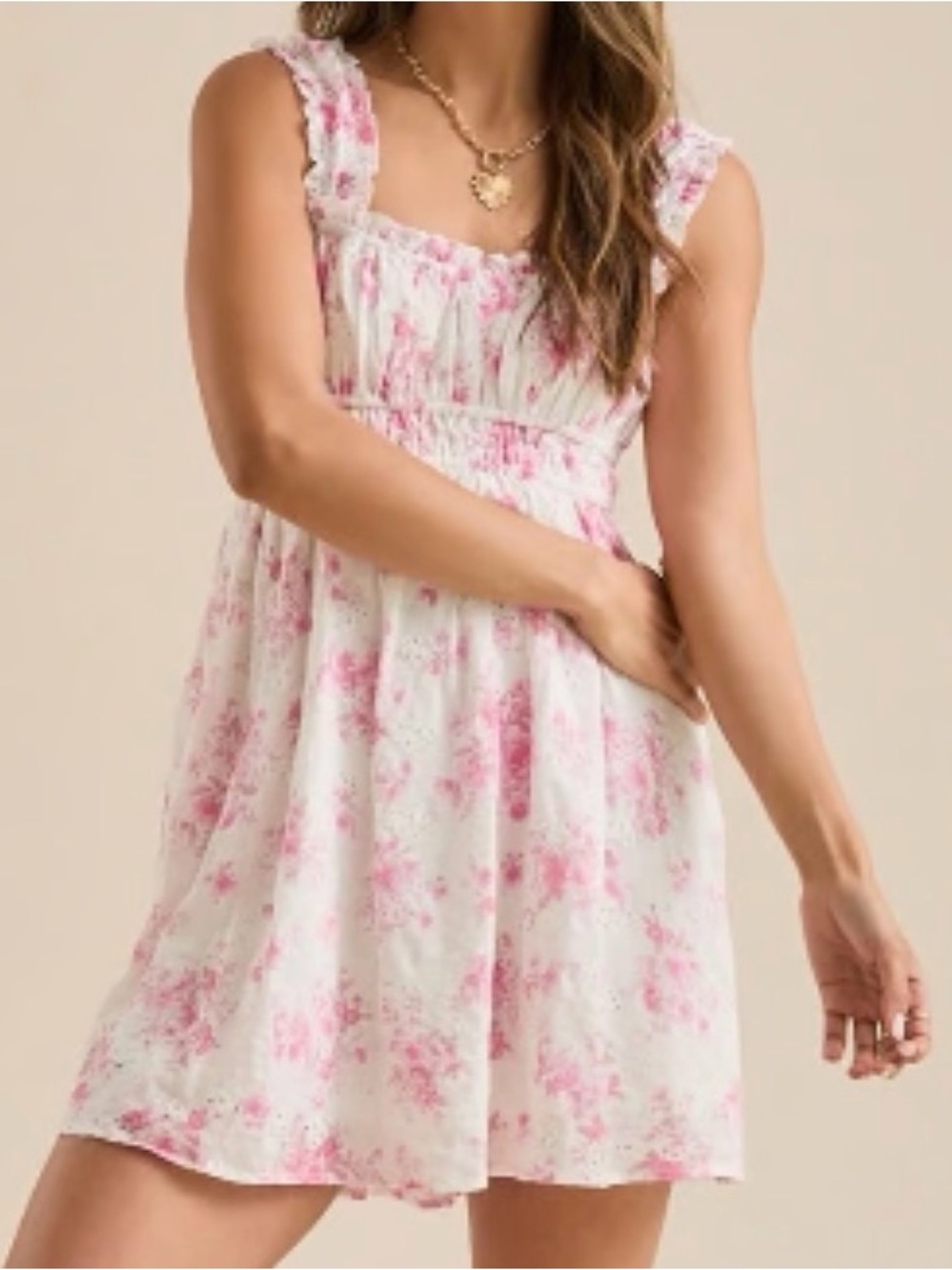 Altar'd State White & Pink Floral Smocked Mini Dress